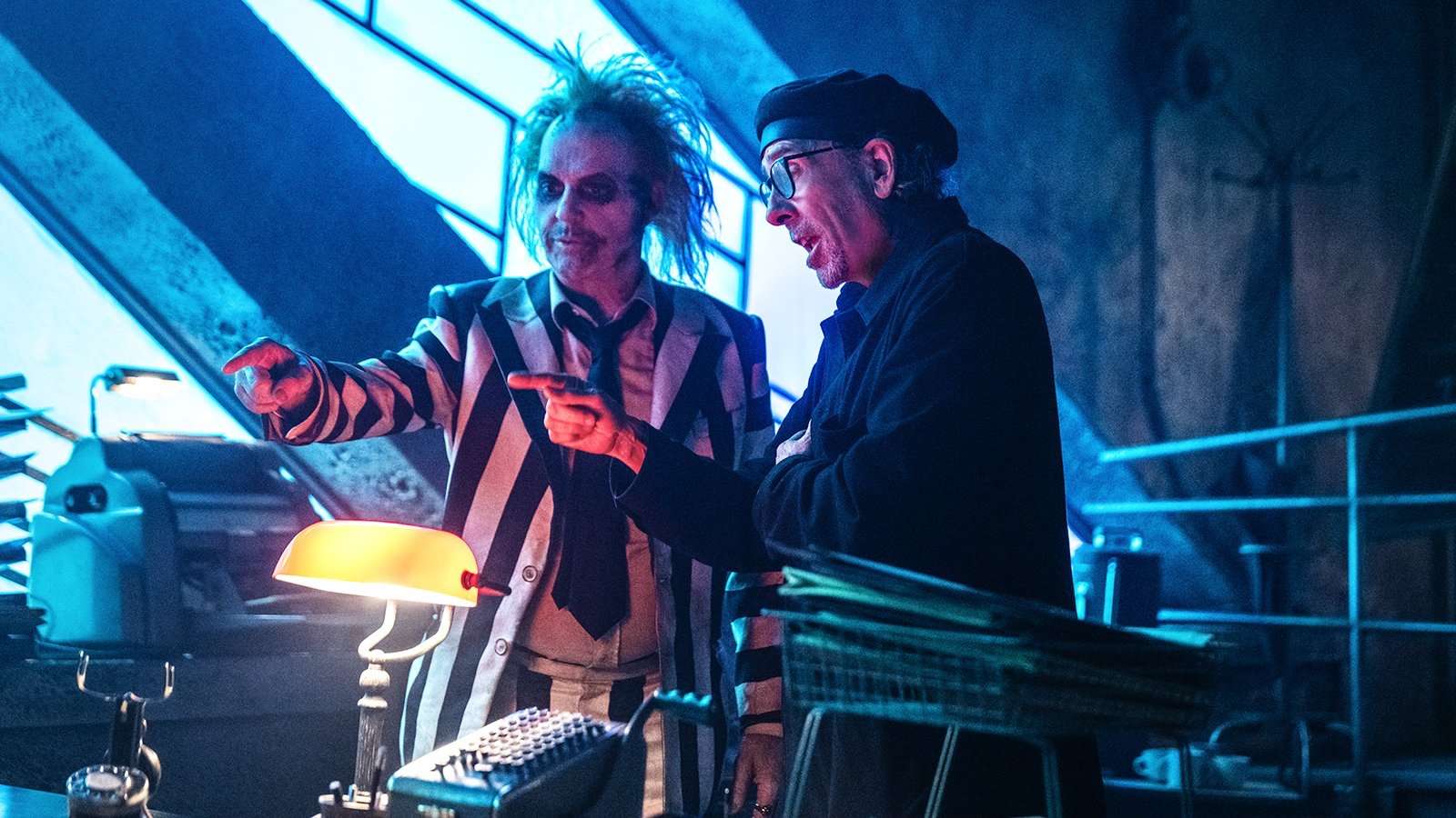 Michael Keaton and Tim Burton in Beetlejuice 2 filming.